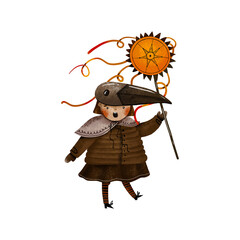 Happy slavic caroler with christian star. Cartoon Ukrainian girl celebrate Christmas. Ukrainian traditions. Malanka and kolyaska. Carolers sing carols. Illustration for xmas. Ortodox catolic vertep