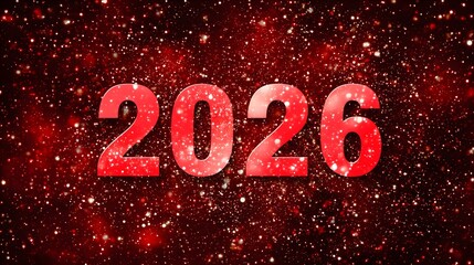 Sparkling red 2026 text with snowflakes on dark background
