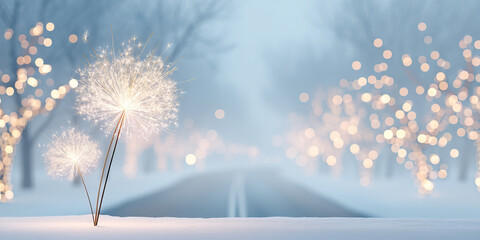 Dandelion seed heads glowing softly in snowy winter landscape with blurred road and warm bokeh lights on trees creating peaceful and magical atmosphere