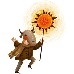 Happy slavic boy with christian light star. Cartoon Ukrainian kid celebrate Christmas. Ukrainian traditions. Malanka and kolyadka. Carolers sing carols. Illustration for xmas. Ortodox vertep