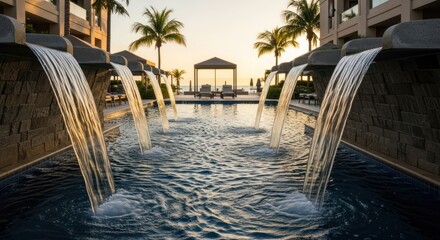 Fototapeta premium Golden hour at a tropical resort pool with many waterfalls