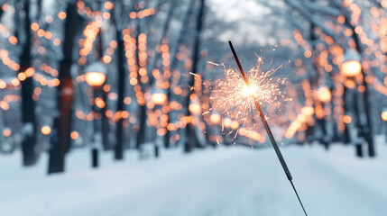 Golden sparkler lighting up frame with blurred snowy park background and warm glowing lights on trees creating festive and magical winter atmosphere