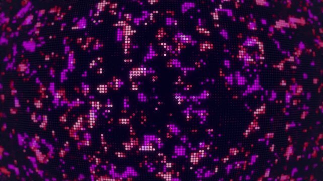 Futuristic digital technology blinking dots loop motion background. Hi-tech motion graphic background with red and pink flickering dots on dark blue background