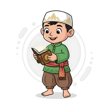 Young Muslim Boy Reading the Holy Quran with Glowing Light Miracle