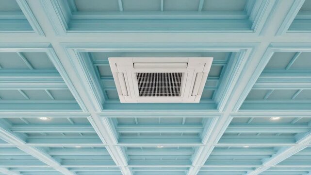 Ceiling with Square Pattern and Central Air Conditioner Unit in Light Blue Palette Interior Featuring Recessed Lighting Fixtures