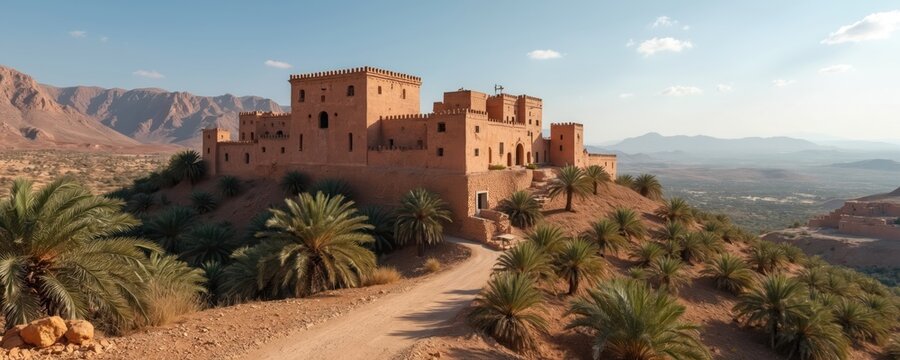 Ancient clay kasbah fortress sits on arid desert hill amidst palm grove. Rocky mountains rise in background, vast valley below. Clear sunny sky, arid landscape.