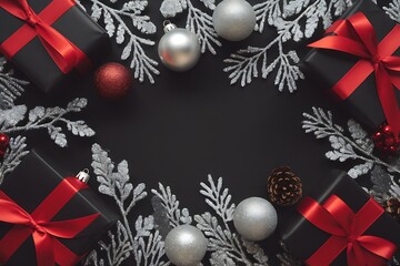 red christmas background Holiday Christmas greeting frame with gifts and ornaments on green background, festive winter flat lay top view