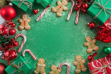 Holiday Christmas greeting frame with gifts and ornaments on green background, festive winter flat lay top view