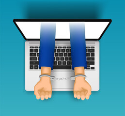 Human hands in handcuffs from a laptop tap. Arrest for cybercrime. Vector illustration.