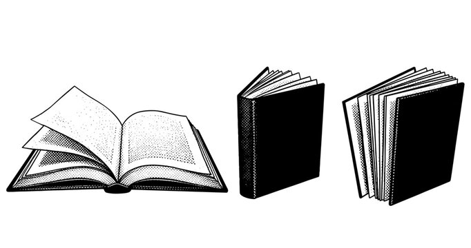 Vintage style black and white book illustrations with open and closed books