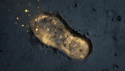 Footprint on Dark Ground Filled with Magical Golden Glowing Stars