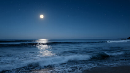 Full Moon Rising over Dark Ocean Horizon with Moonlight Reflection