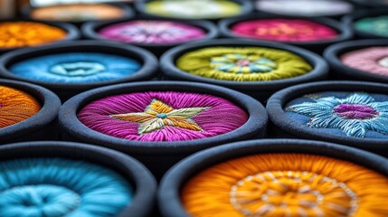 Close-up of embroidered circular boxes
