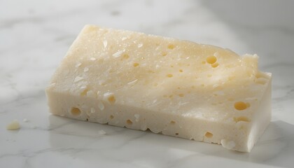 A rectangular block of aged parmesan cheese showcasing its granular texture and characteristic holes. nabulsi cheese