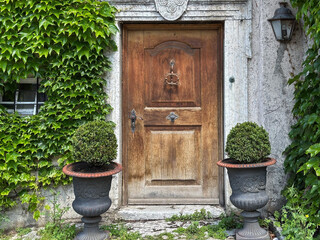 Rustic Wooden Door in an Ivy-Covered Stone Wall