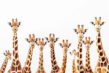 group of giraffes looking at camera, white background, concept of zoo, safari, wildlife