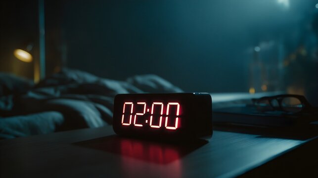 Midnight alarm clock on bedside table in dark room