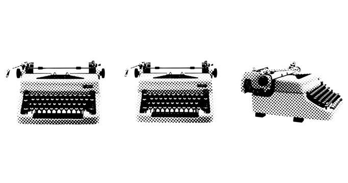 Retro black and white typewriter trio with halftone effect