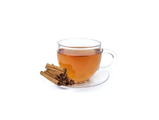 Cinnamon boiled water in glass with dry cinnamon on white background. herbal drink for healthy lifestyle 