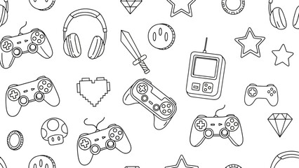Seamless pattern of handdrawn video game icons and elements, including controllers, headphones, swords, stars, and handheld consoles, in black and white outline style © Best Design_Academy