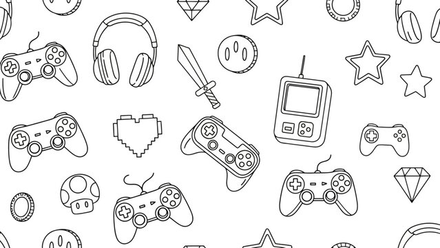 Seamless pattern of handdrawn video game icons and elements, including controllers, headphones, swords, stars, and handheld consoles, in black and white outline style