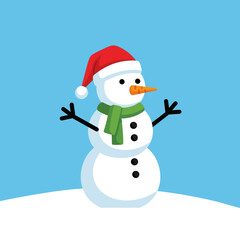 A cheerful cartoon snowman wearing a red Santa hat and green scarf on a snowy blue background.