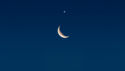Minimalist Crescent Moon and Bright Star in Deep Blue Night Sky