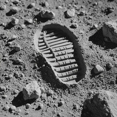 Single Astronaut Boot Footprint on Grey Dusty Moon Surface