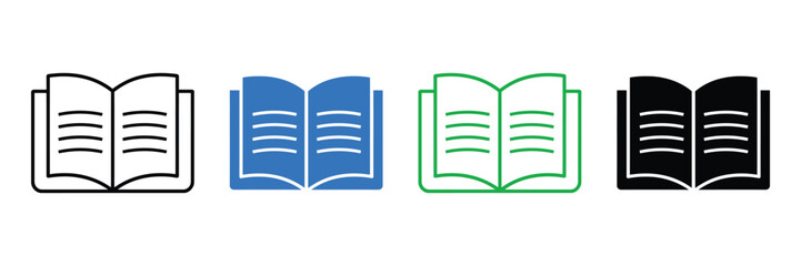 Four open book icons in different colors for education or reading concepts