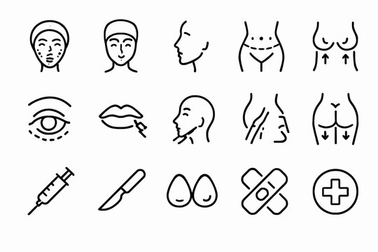 Cosmetic surgery icons: facial, body contouring, and procedures symbols