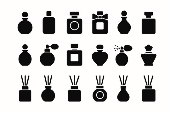 Collection of perfume and fragrance bottle icons in black silhouette design