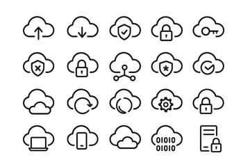 Obraz premium Cloud computing icons: security, storage, and technology concepts in line art