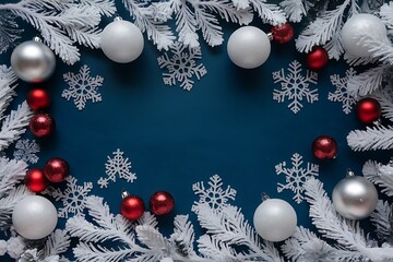 christmas background with christmas balls Holiday Christmas greeting frame with gifts and ornaments on green background, festive winter flat lay top view