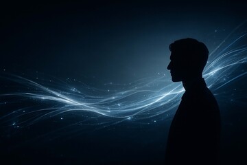 Abstract visualization of artificial intelligence showing human silhouette with flowing digital waves. Futuristic technology concept for AI, data, innovation, and digital transformation themes.