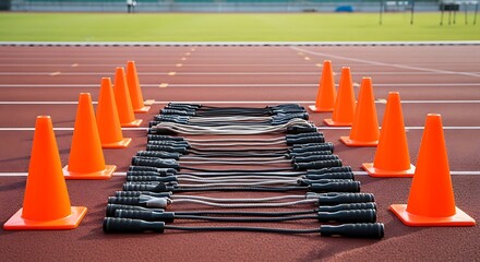 Illustration of agility ladder and orange cones on a running track for athletic training and exercises