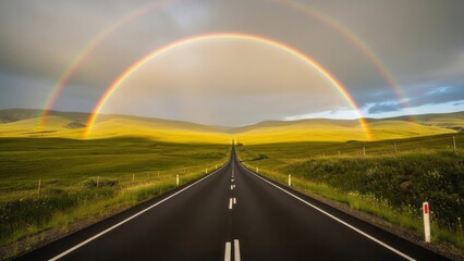 Scenic Road Under Double Rainbow Landscape Nature Scenery. Concept featuring road, rainbow, landscape, nature, scenery.