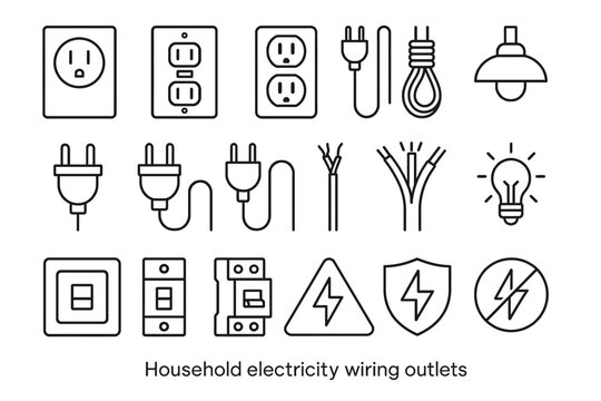 Household electricity wiring outlets and plugs icon set
