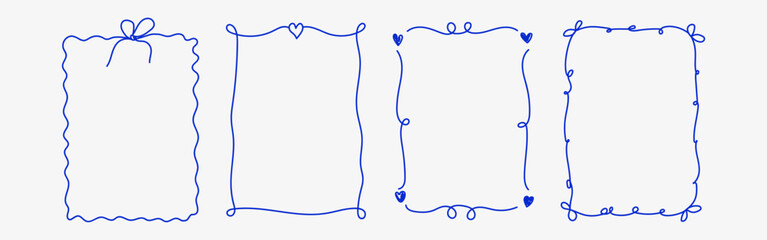 Whimsical hand drawn frame set with wavy lines and curly ribbon details. Playful vintage vector borders for invitations, greeting cards, posters, and social media design.