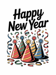 Happy New Year Party Hats Confetti Streamers Colorful Illustration