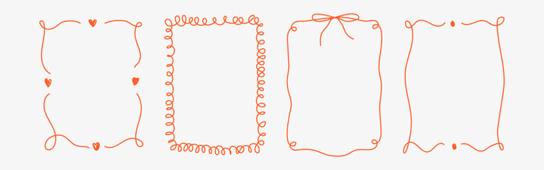 Vintage hand drawn Valentine&rsquo;s Day frame set with whimsical lines, bows, hearts, and ribbons. Elegant coquette line art vector borders for greeting cards, posters, wedding and romantic invitations.