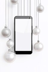 Smartphone with blank white display top view on Christmas decorations background.