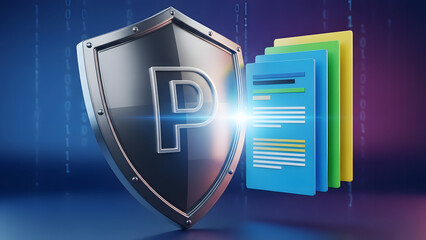 Secure digital documents and data protection. The shield represents a strong defense against cyber threats