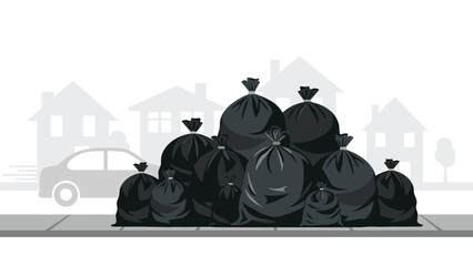 Several black trash bags are piled up on a curb in a residential neighborhood, awaiting collection.
