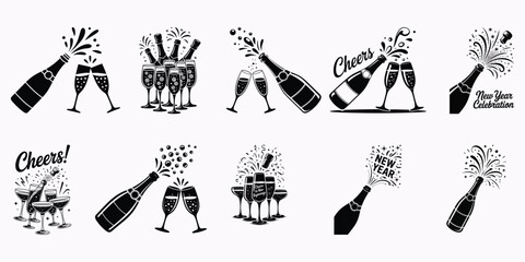 Champagne Bottle Pop Toast Celebration Vector Icon Set