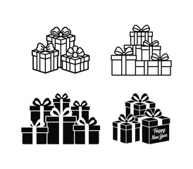 Happy New Year Gift Boxes Stack Presents Vector Icon Set