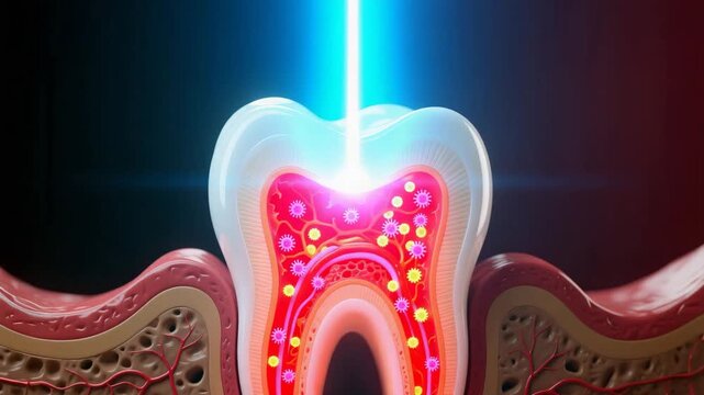 A cross section tooth with inflamed pulp targeted by blue laser showing infection treatment tooth decay or sensitivity