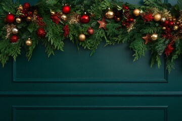 christmas tree decoration Holiday Christmas greeting frame with gifts and ornaments on green background, festive winter flat lay top view