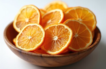 Fototapeta premium Close up of dried orange slices in a wooden bowl. Bright citrus pieces show texture and juicy segments. These colorful fruit halves are perfect for decoration or cooking ingredients.