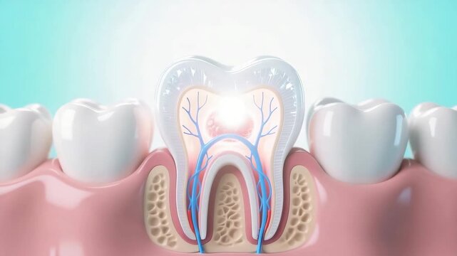 The tooth cross section with nerve pathways in gum showing inner structure tooth decay or sensitivity