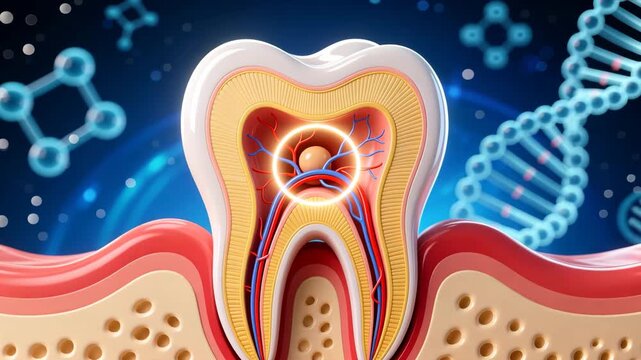 The tooth layers with glowing pulp shown in scientific cross section for learning tooth decay or sensitivity